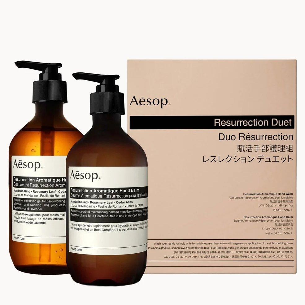 Two Aesop hand cleanser and balm bottles with a packaging box on a white background