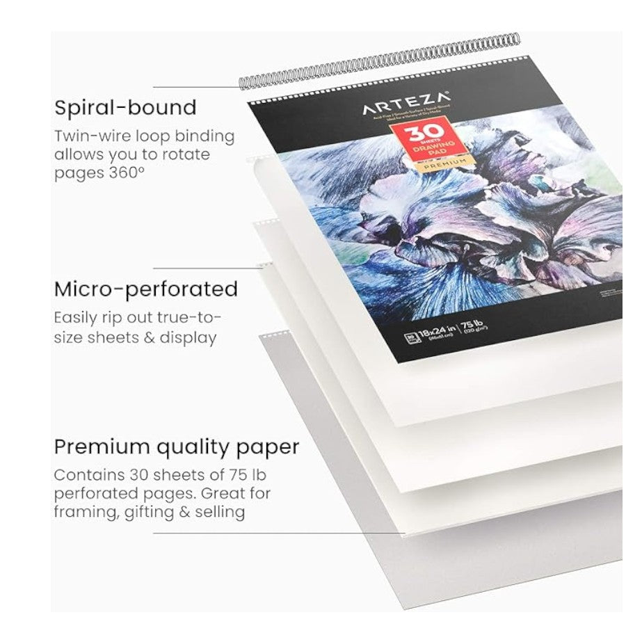 Arteza A2 Premium 30 Sheet Drawing Paper Pad Acid Free Spiral Bound 46x61cm 120gsm