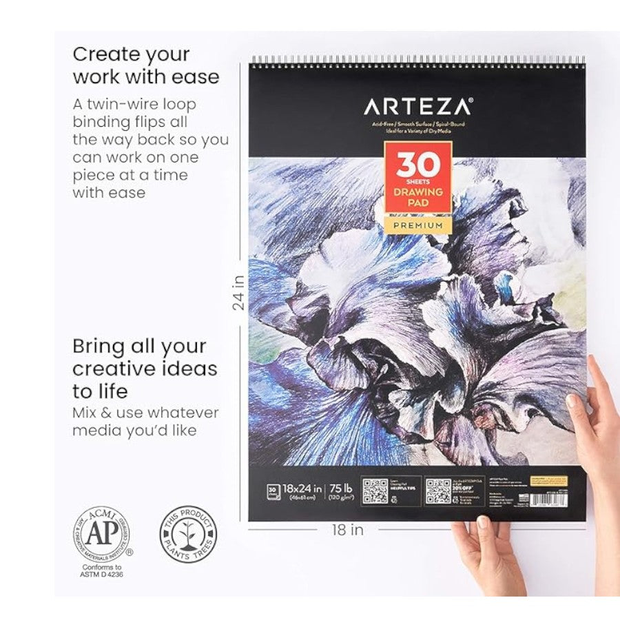 Arteza A2 Premium 30 Sheet Drawing Paper Pad Acid Free Spiral Bound 46x61cm 120gsm