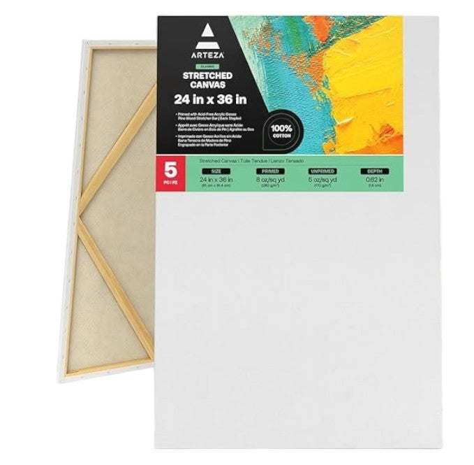 Arteza 24x36" (60x90cm) 100% Cotton Stretched Primed Canvas- 2 Pack