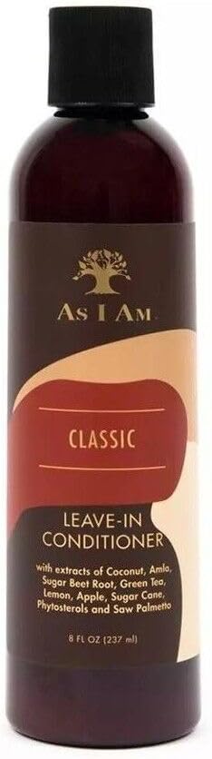 As I Am Classic Leave-In Conditioner in a 6 fl oz bottle with a black cap and a brown, beige, and red label.