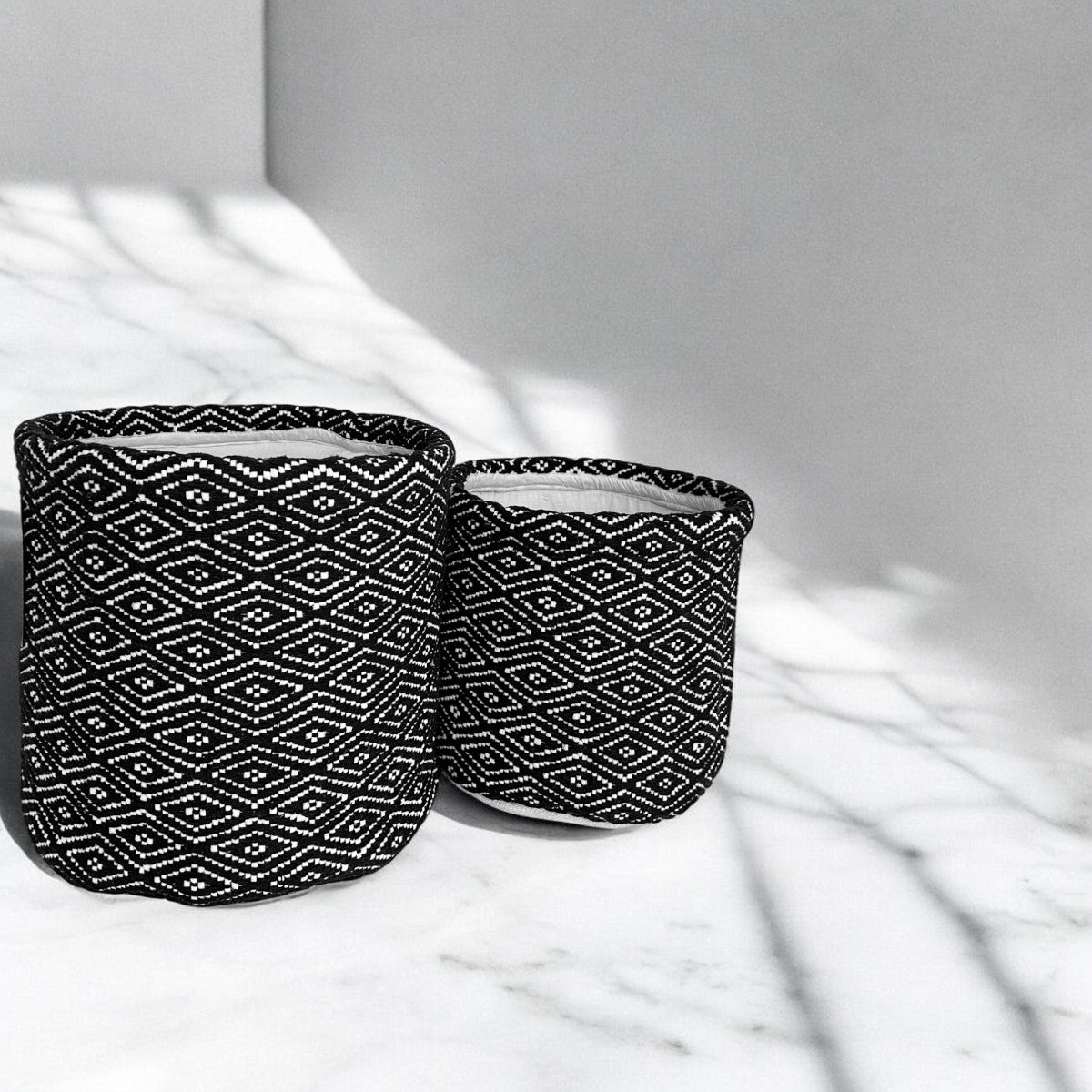 2-Pack Black & White Woven Fabric Storage Baskets – Cotton Blend, Large & Medium Sizes
