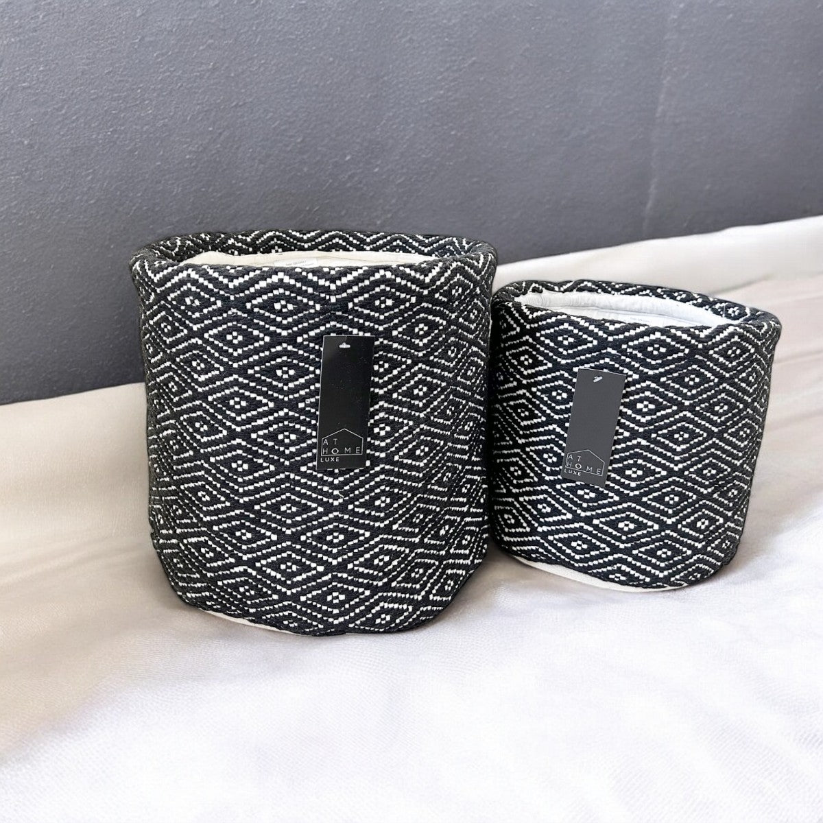 2-Pack Black & White Woven Fabric Storage Baskets – Cotton Blend, Large & Medium Sizes