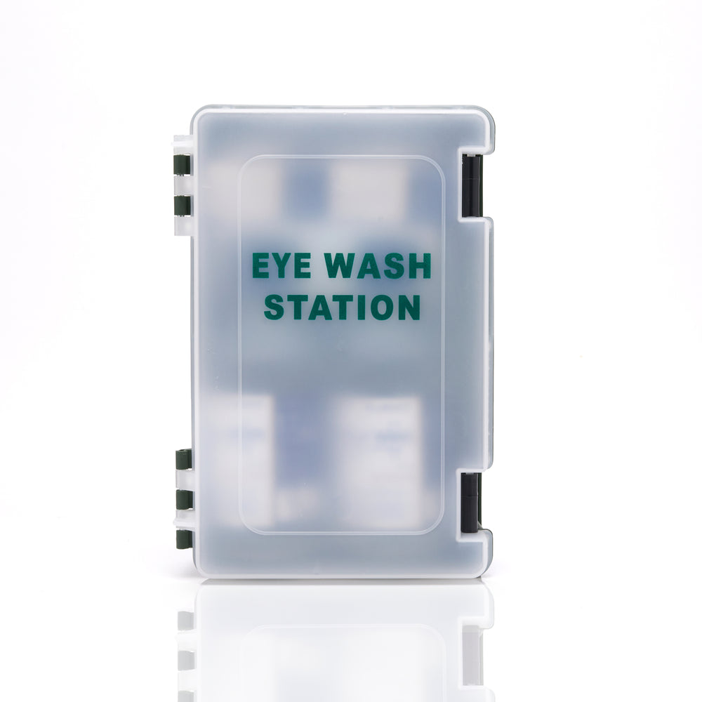 Clear eye wash station with 'EYE WASH STATION' text on a white background