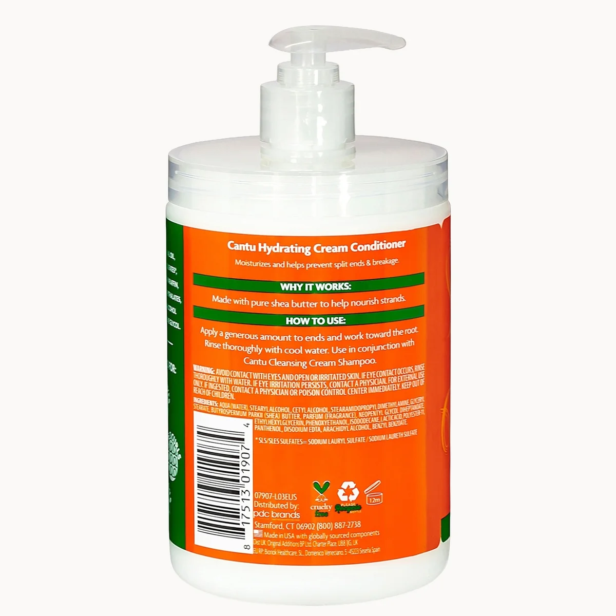 A white pump bottle of Cantu Hydrating Cream Conditioner shown from the back, featuring an orange and green label with product details, on a light gray background.