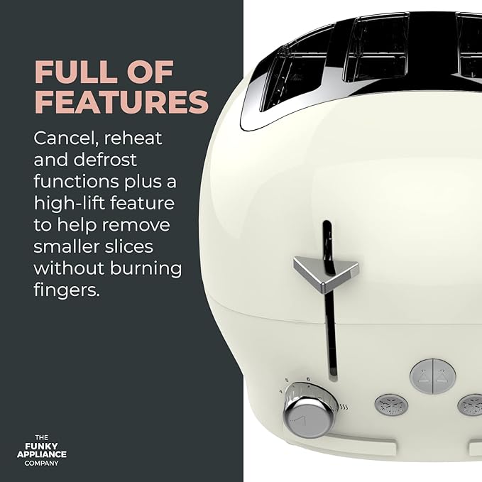 FUNKY Chunky LARGE Retro 4-slice Toaster, Extra Wide & Deep Slots, 6 Browning Levels - Cream