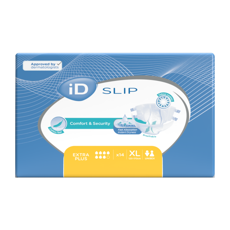 Box of iD Slip incontinence products with branding and product details on a white background