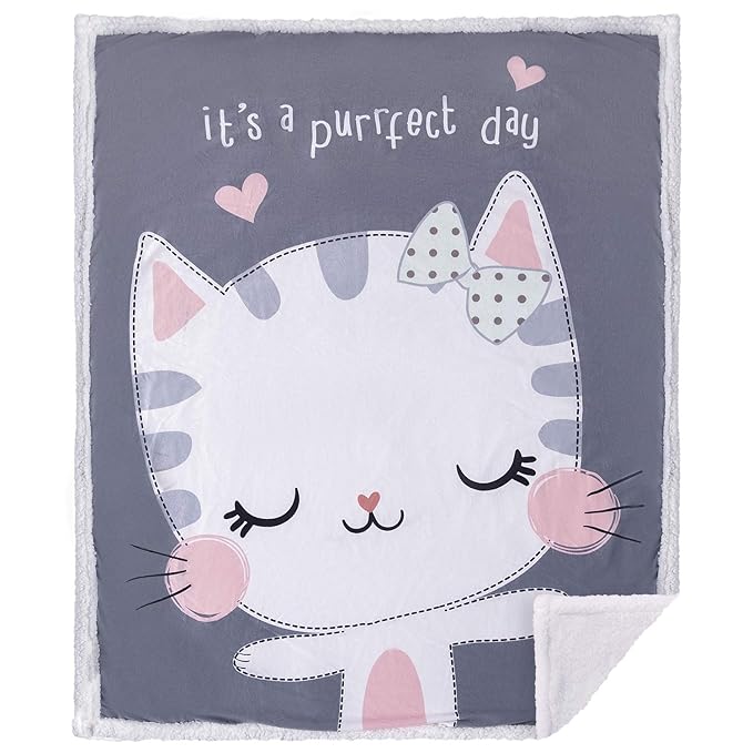Kitty Fleece Sherpa Blanket Nursery Throw– Grey with Cat Print, 101x127cm