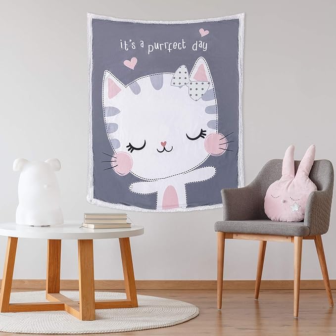 5 Stars United - Unisex Nursery Sherpa Blanket - Grey with Kitty Print