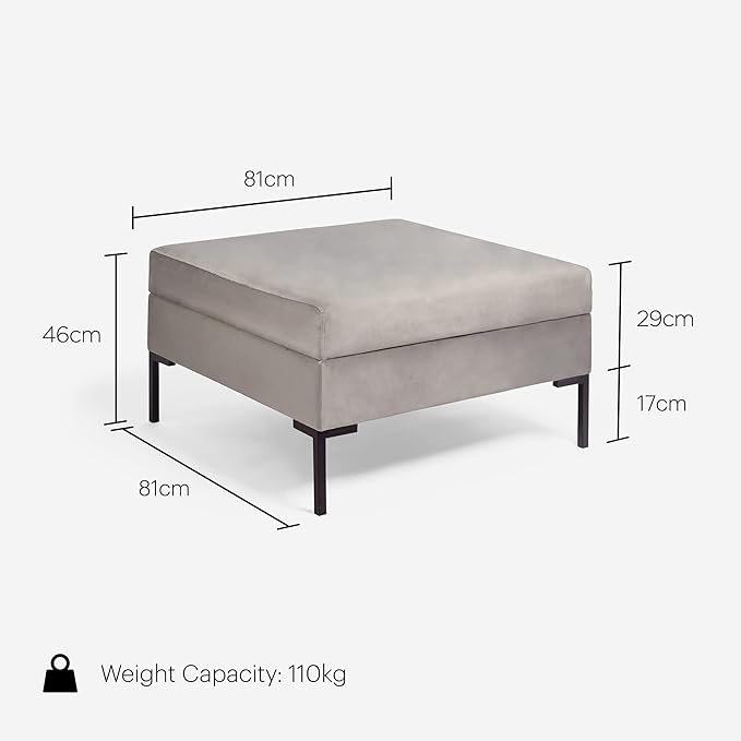 Grey Square Velvet Ottoman Footstool Black Metal Legs 81D x 81W x 44.5H Designed by Beautify