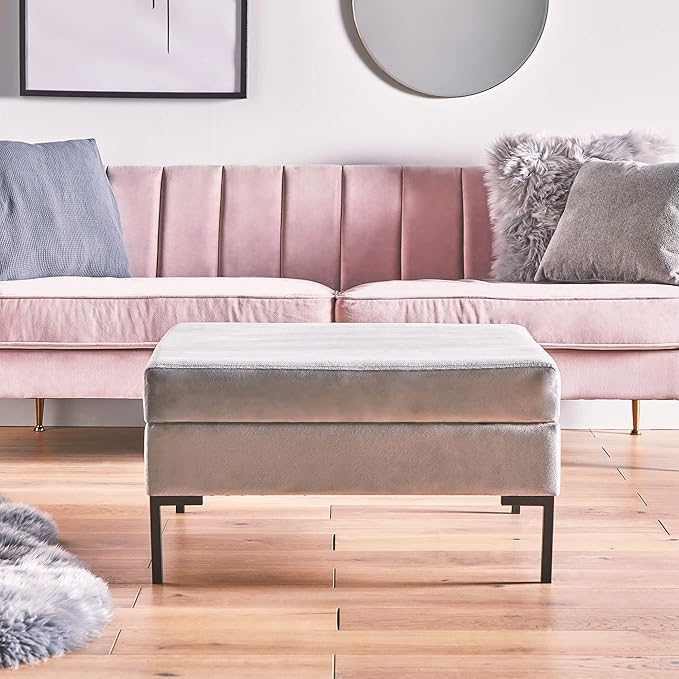 Grey Square Velvet Ottoman Footstool Black Metal Legs 81D x 81W x 44.5H Designed by Beautify