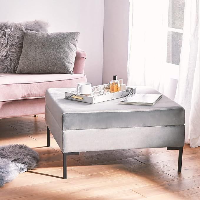Grey Square Velvet Ottoman Footstool Black Metal Legs 81D x 81W x 44.5H Designed by Beautify