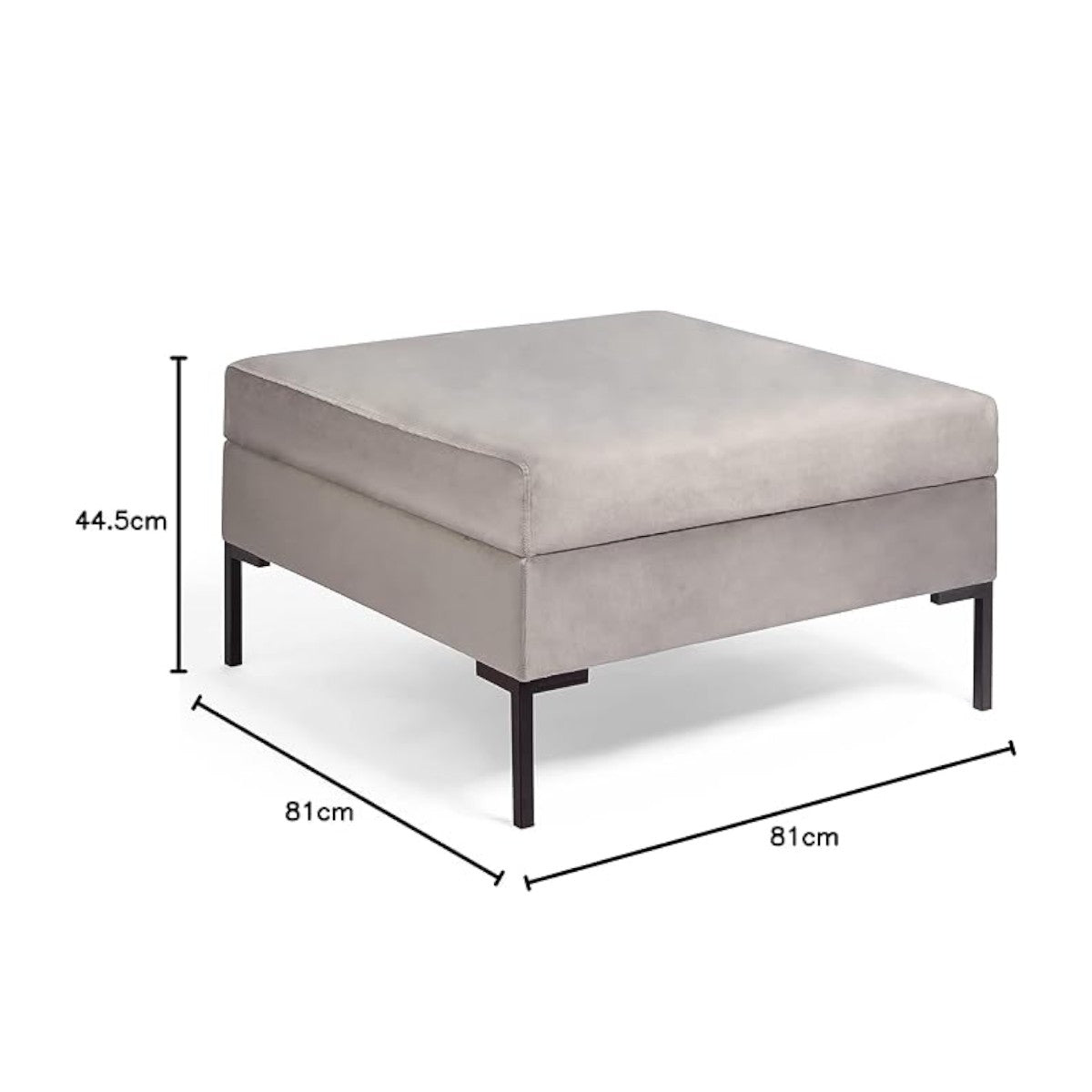 Grey Square Velvet Ottoman Footstool Black Metal Legs 81D x 81W x 44.5H Designed by Beautify