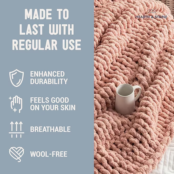 Hearth & Stone - Hand Made Luxury Chenille Yarn Chunky Giant Knitted Blanket - Blush Pink