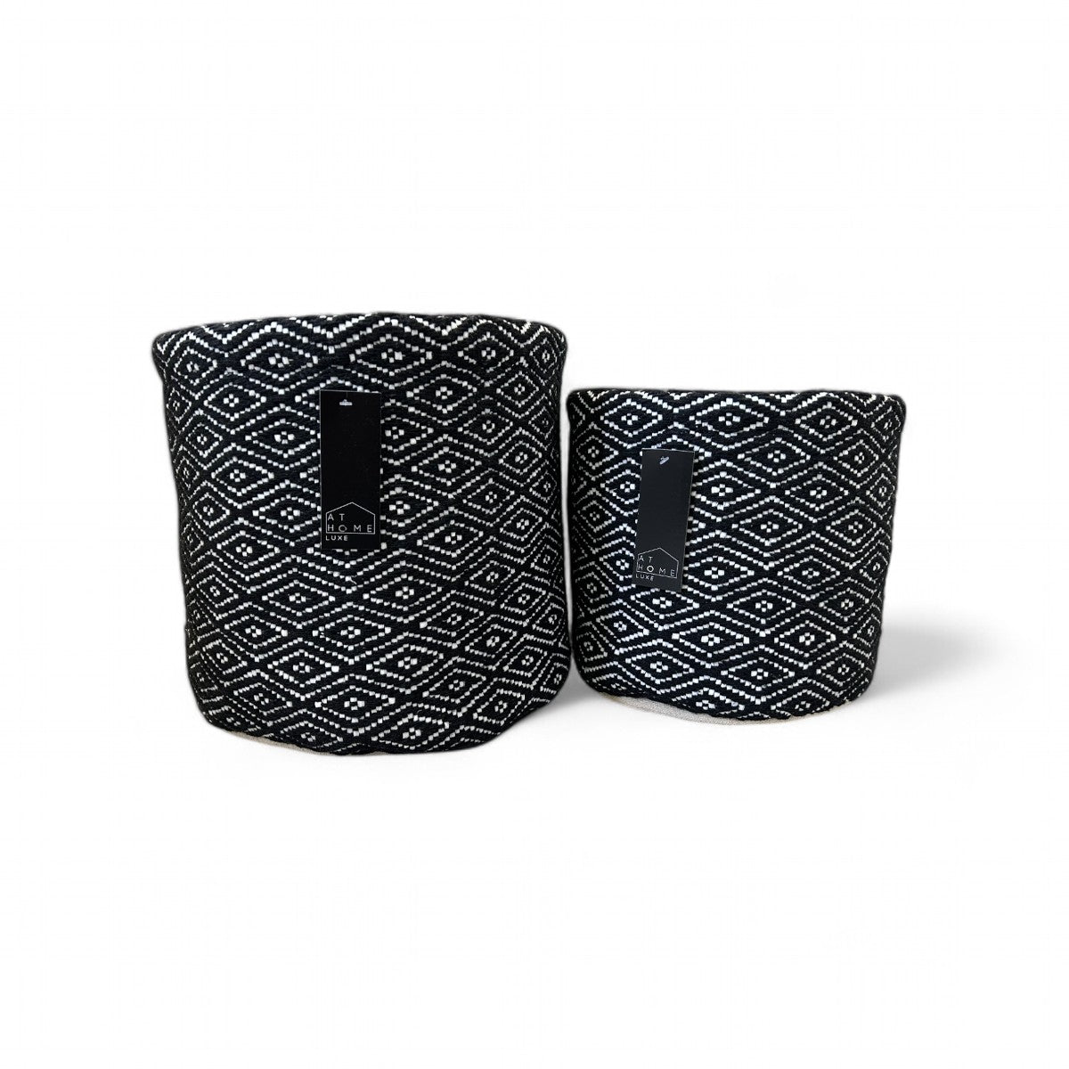 2-Pack Black & White Woven Fabric Storage Baskets – Cotton Blend, Large & Medium Sizes