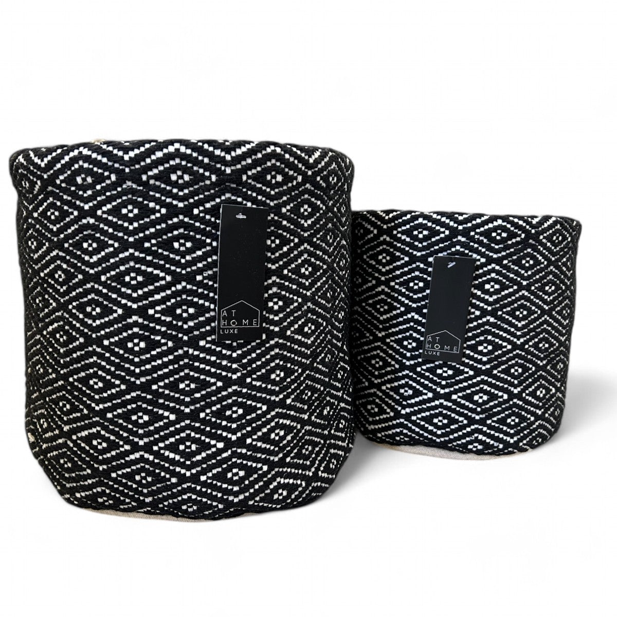 2-Pack Black & White Woven Fabric Storage Baskets – Cotton Blend, Large & Medium Sizes