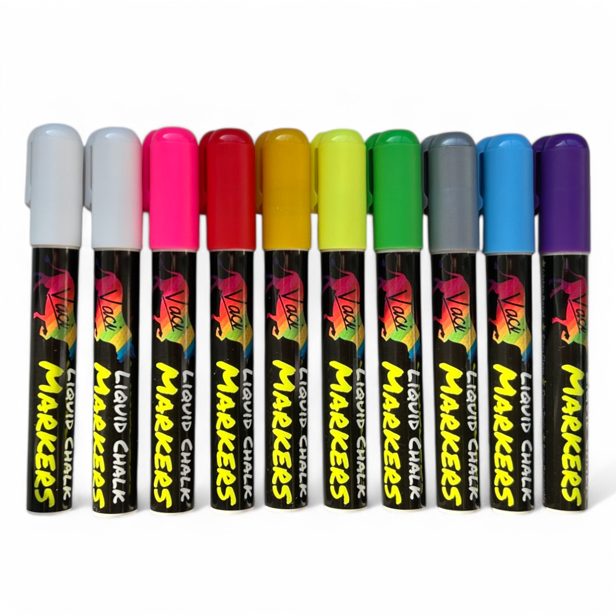 Vaci 10-Pack Neon & Metallic Liquid Chalk Markers – Reversible 6mm Tips, 16 Labels, 2 Stencils, Non-Toxic