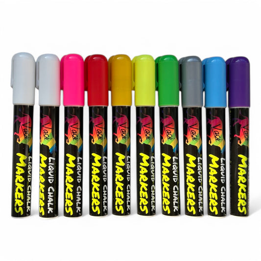Vaci 10-Pack Neon & Metallic Liquid Chalk Markers – Reversible 6mm Tips, 16 Labels, 2 Stencils, Non-Toxic