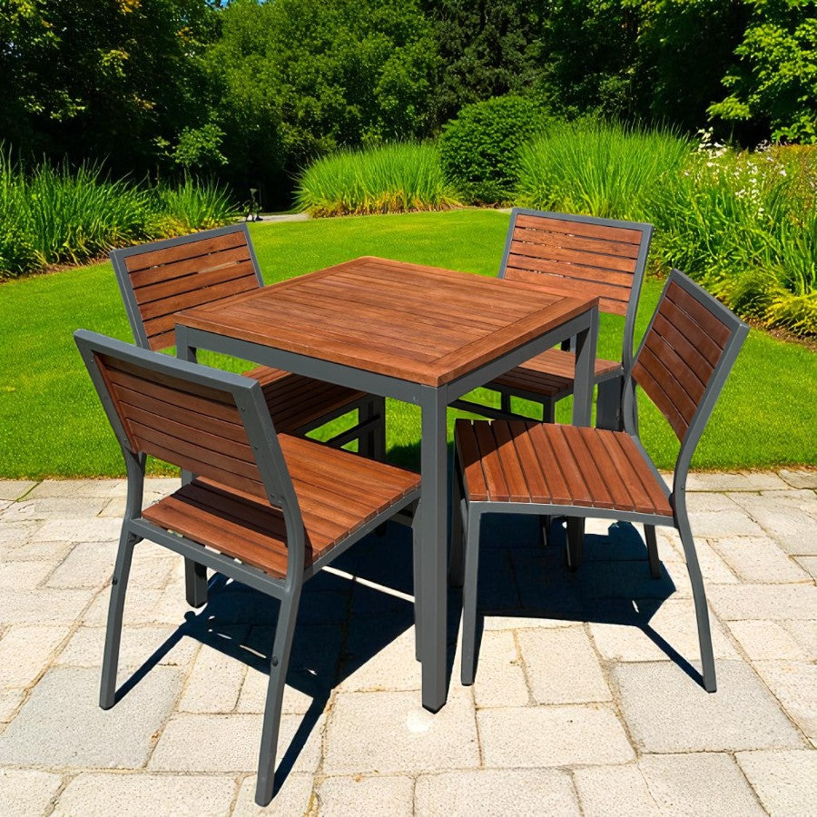 Premium 4 Seater Hardwood Outdoor Garden Patio Dining Set With Metal Frame – Square Table Stackable ChaIrs Brackenstyle Dorset