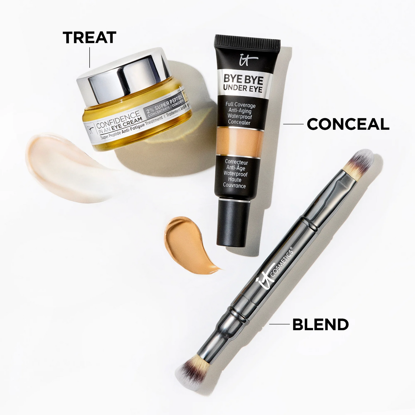 Three beauty products arranged on a white background with text labels: a small jar labeled TREAT, a concealer tube labeled CONCEAL, and a dual-ended blending brush labeled BLEND. Cream and liquid swatches are placed beside the products.