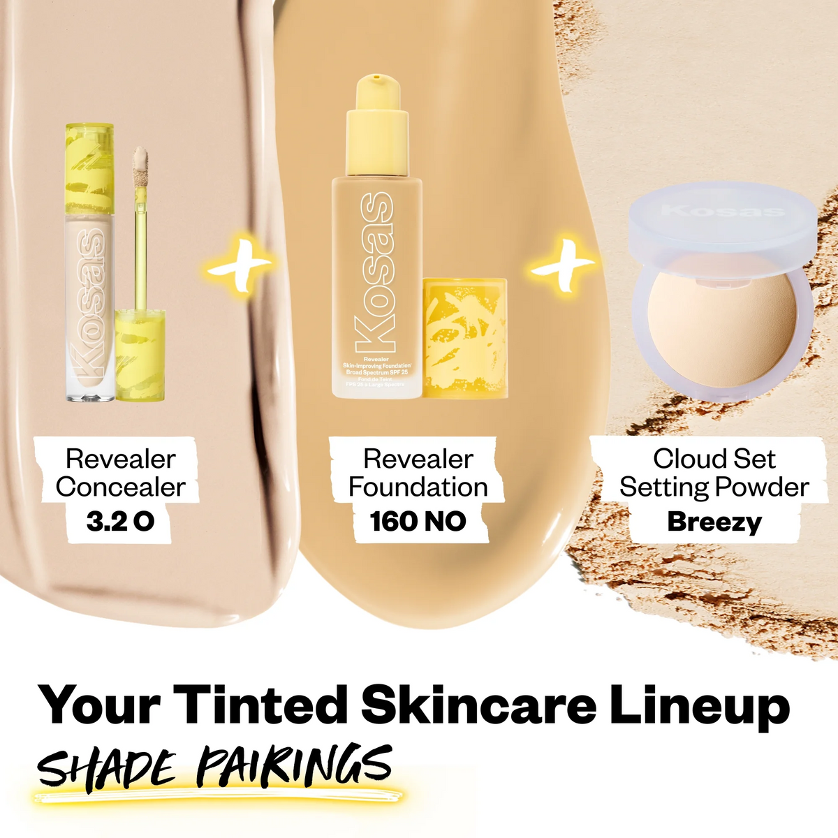 Kosas skincare products including Revealer Concealer, Revealer Foundation, and Cloud Set Setting Powder on a beige background.