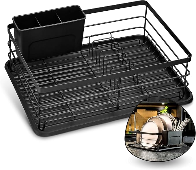 LINFELDT® - Metal Dish Drainer Rack Black - Holds 10 Plates & 20+ Cutlery | Dish Drying Rack for Sink with Cutlery Holder