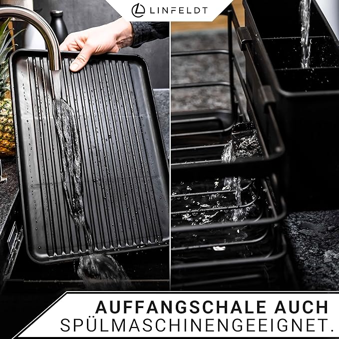 LINFELDT® - Metal Dish Drainer Rack Black - Holds 10 Plates & 20+ Cutlery | Dish Drying Rack for Sink with Cutlery Holder