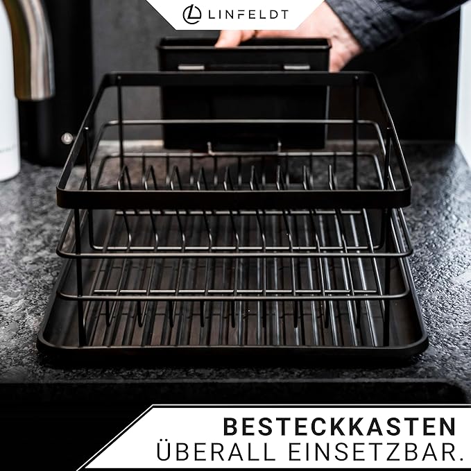 LINFELDT® - Metal Dish Drainer Rack Black - Holds 10 Plates & 20+ Cutlery | Dish Drying Rack for Sink with Cutlery Holder