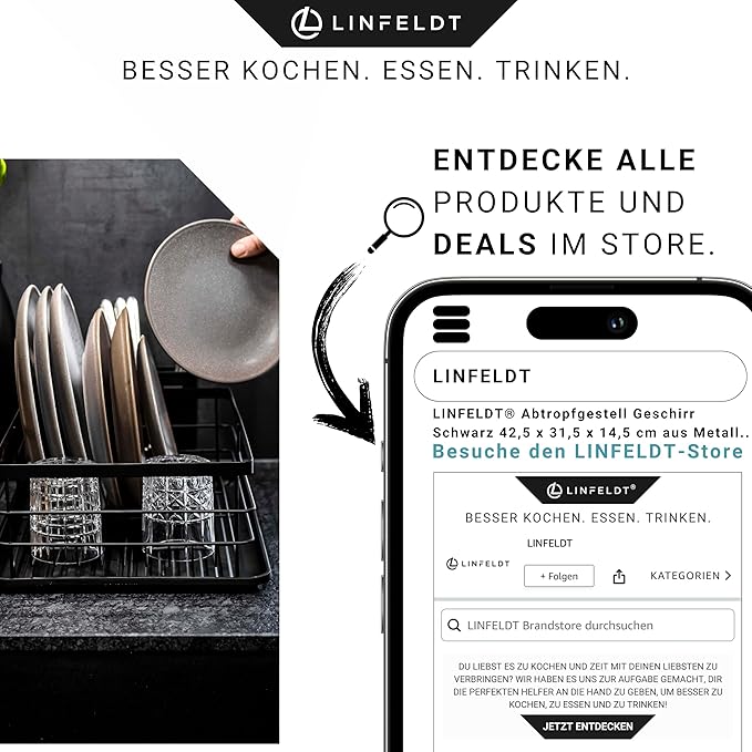LINFELDT® - Metal Dish Drainer Rack Black - Holds 10 Plates & 20+ Cutlery | Dish Drying Rack for Sink with Cutlery Holder