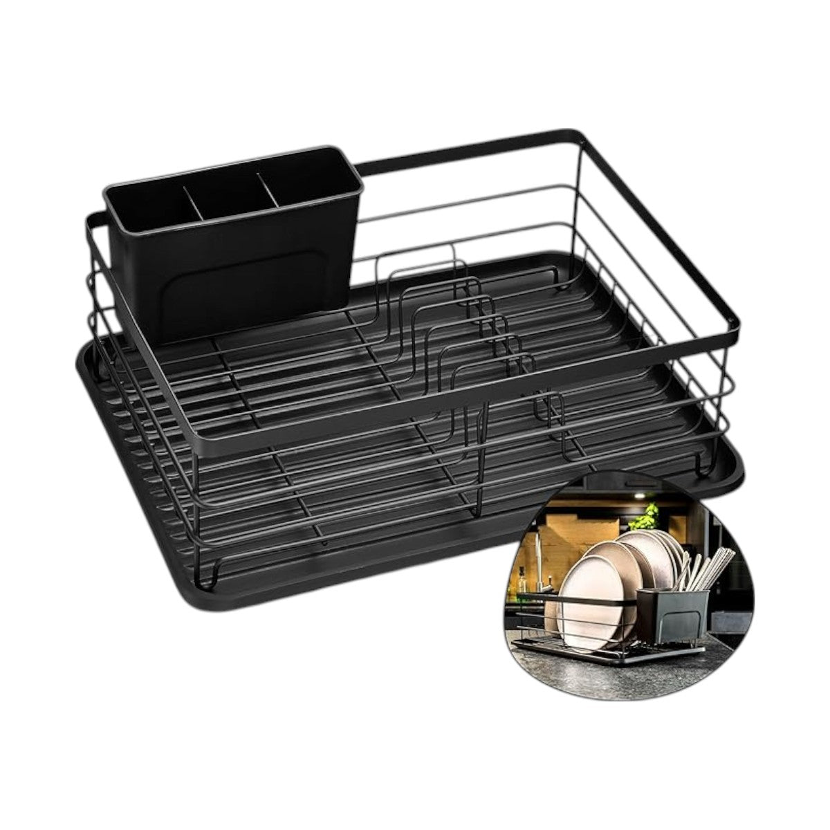 LINFELDT® - Metal Dish Drainer Rack Black - Holds 10 Plates & 20+ Cutlery | Dish Drying Rack for Sink with Cutlery Holder