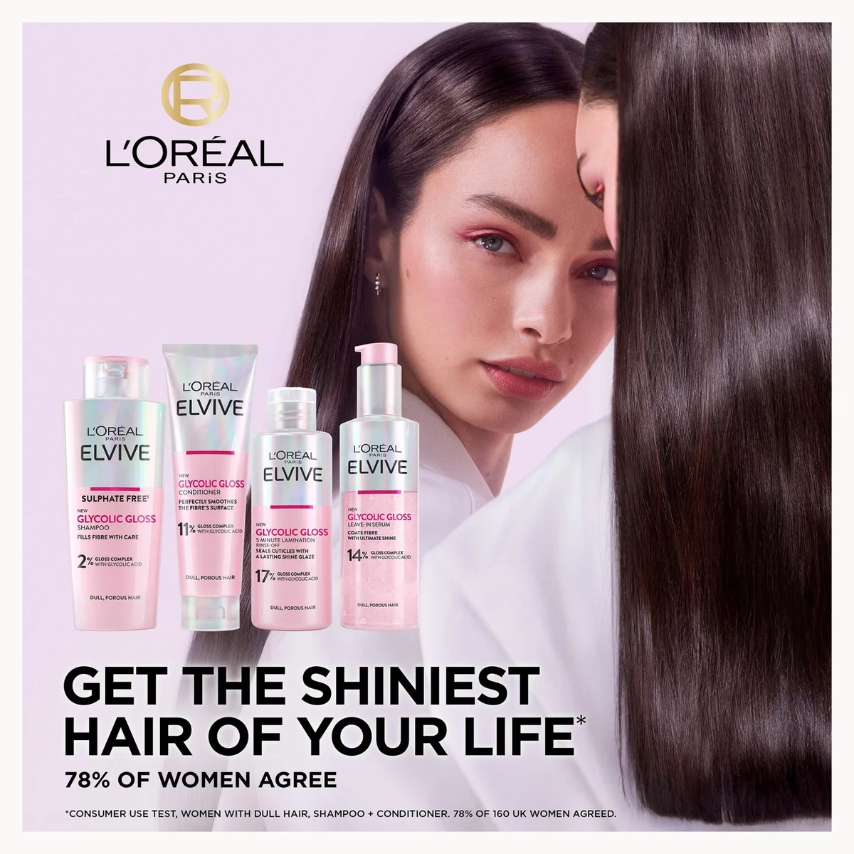 L'Oréal Paris L'Elvive hair care set featuring four pink and white bottles and tubes, displayed next to a close-up of a woman with long, straight dark brown hair against a light lavender background.
