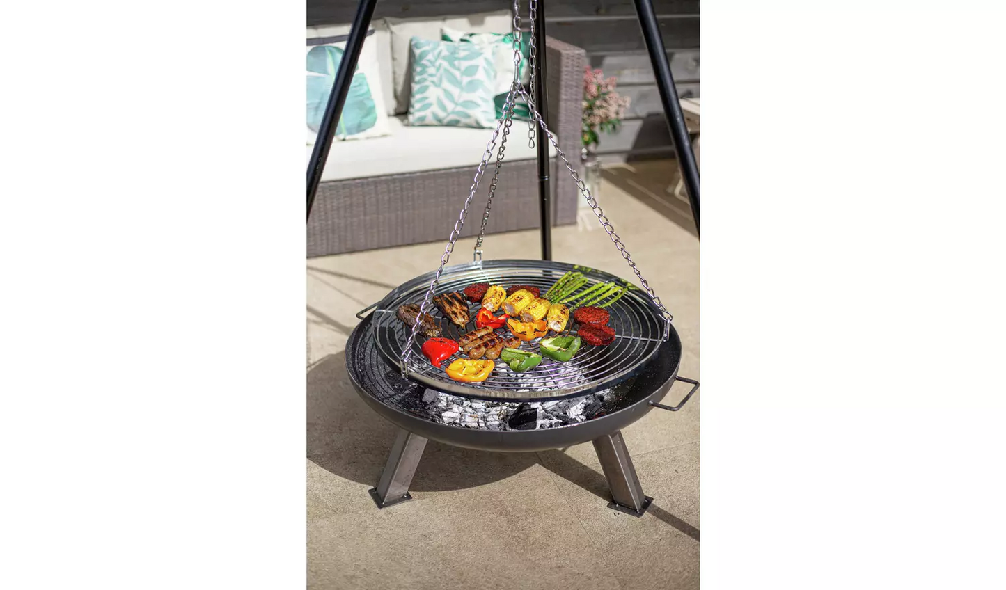 La Hacienda Tripod with BBQ Cooking Grill - Adjustable Height - Portable - Camping, Black & Chrome