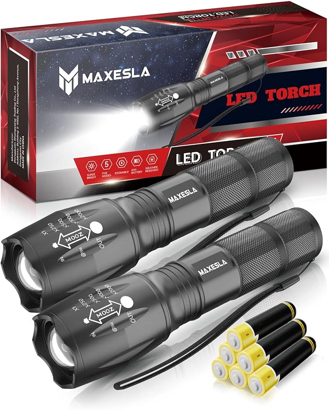 Maxesla - 2 Pack LED Mini Tactical Torches 2000 Lumens Zoomable Water Resistant 5 Modes