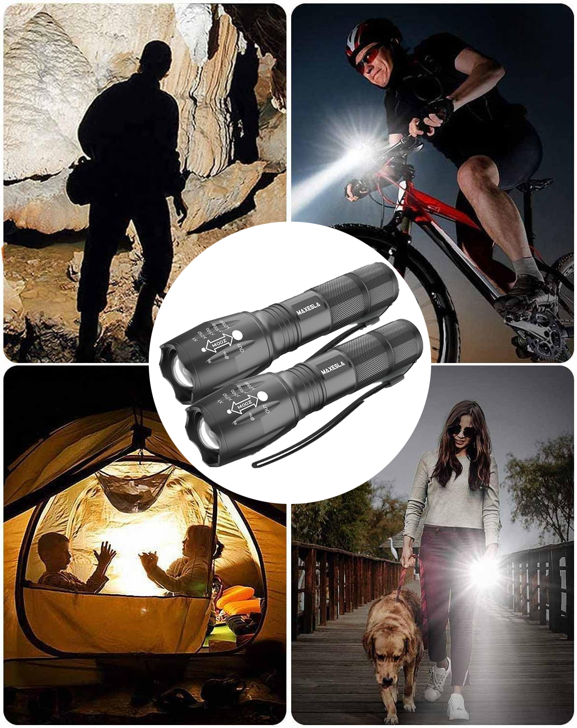 Maxesla - 2 Pack LED Mini Tactical Torches 2000 Lumens Zoomable Water Resistant 5 Modes
