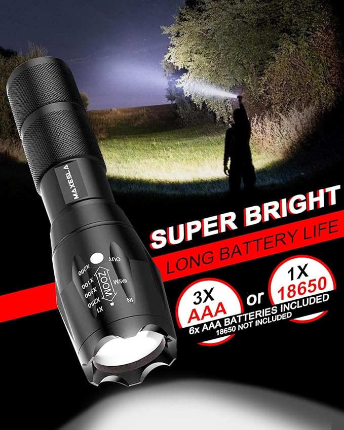 Maxesla - 2 Pack LED Mini Tactical Torches 2000 Lumens Zoomable Water Resistant 5 Modes