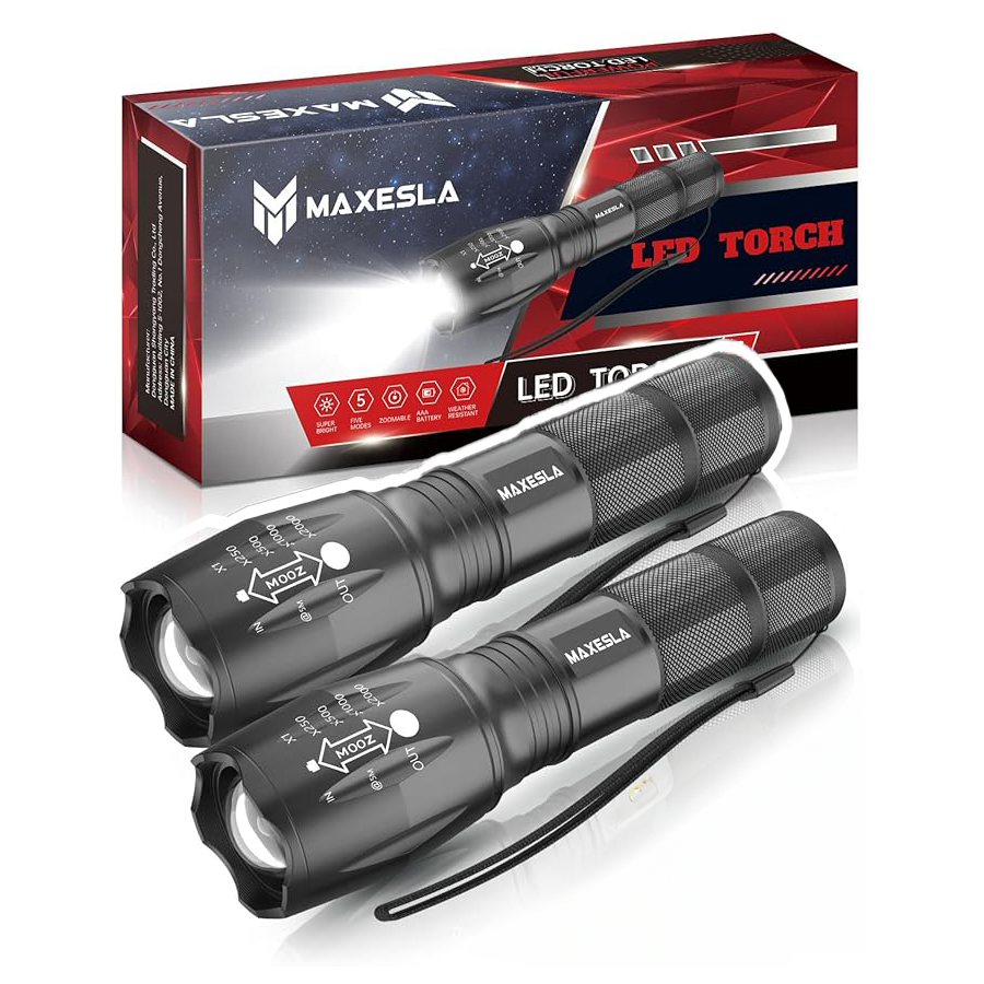 Maxesla - 2 Pack LED Mini Tactical Torches 2000 Lumens Zoomable Water Resistant 5 Modes