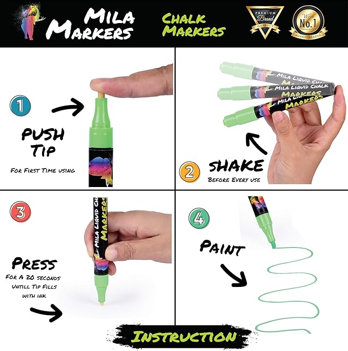 Pack of 10 Neon & Metallic Liquid Chalk Markers, Reversible Tip (6 Labels & 2 Stencils inc)