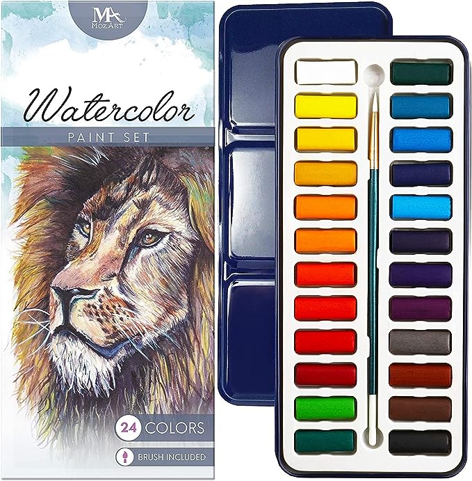 MozArt Watercolour Paint Essential Set - 24 Colors With Pan and Paintbrush