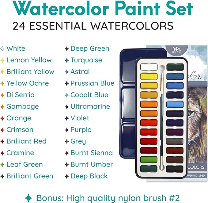MozArt Watercolour Paint Essential Set - 24 Colors With Pan and Paintbrush