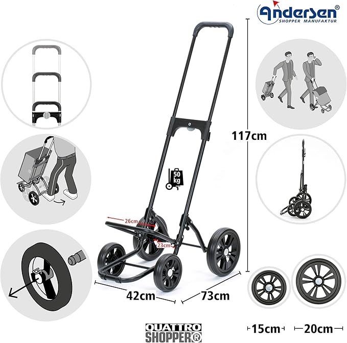 ANDERSEN Quattro Shopper Mira Grey 49L Shopping Trolley, Water-Repellent, Thermo, Height-Adjustable, Water-Repellent, Height-Adjustable