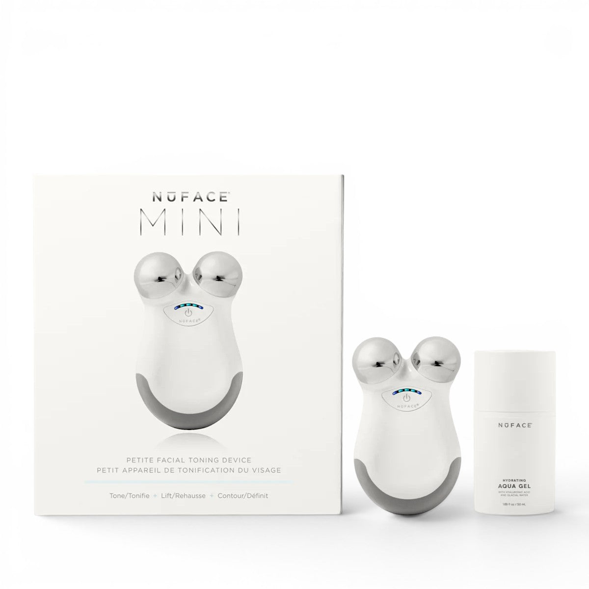 Nuface Mini facial toning device with packaging on a white background