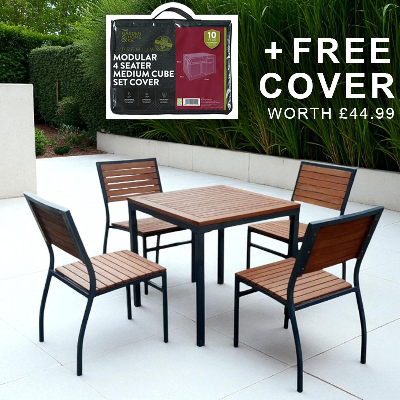 Premium 4 Seater Hardwood Outdoor Garden Patio Dining Set With Metal Frame – Square Table Stackable ChaIrs Brackenstyle Dorset