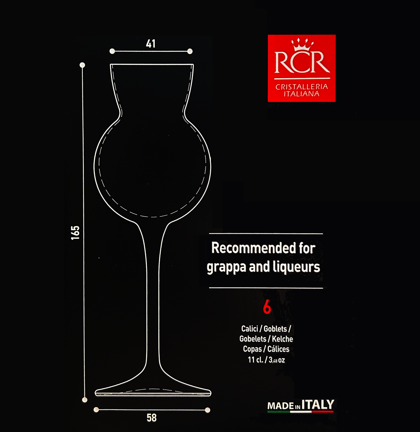 RCR ‘Invino’ Set of 6 Crystal Italian Glasses with Stem (11cl) Spirits/Port/Brandy/Limoncello/Grappa/Sherry Dishwasher Safe