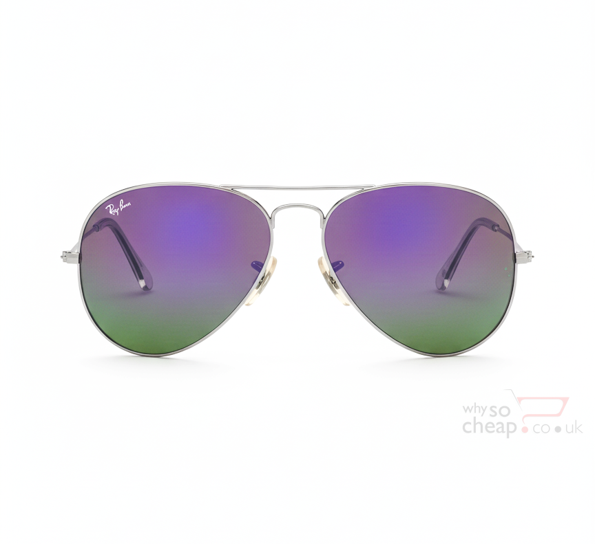 Ray-Ban Aviators RB3025 Flash Lens Mirrored Silver Purple Green, Silver Frame 58mm Lens