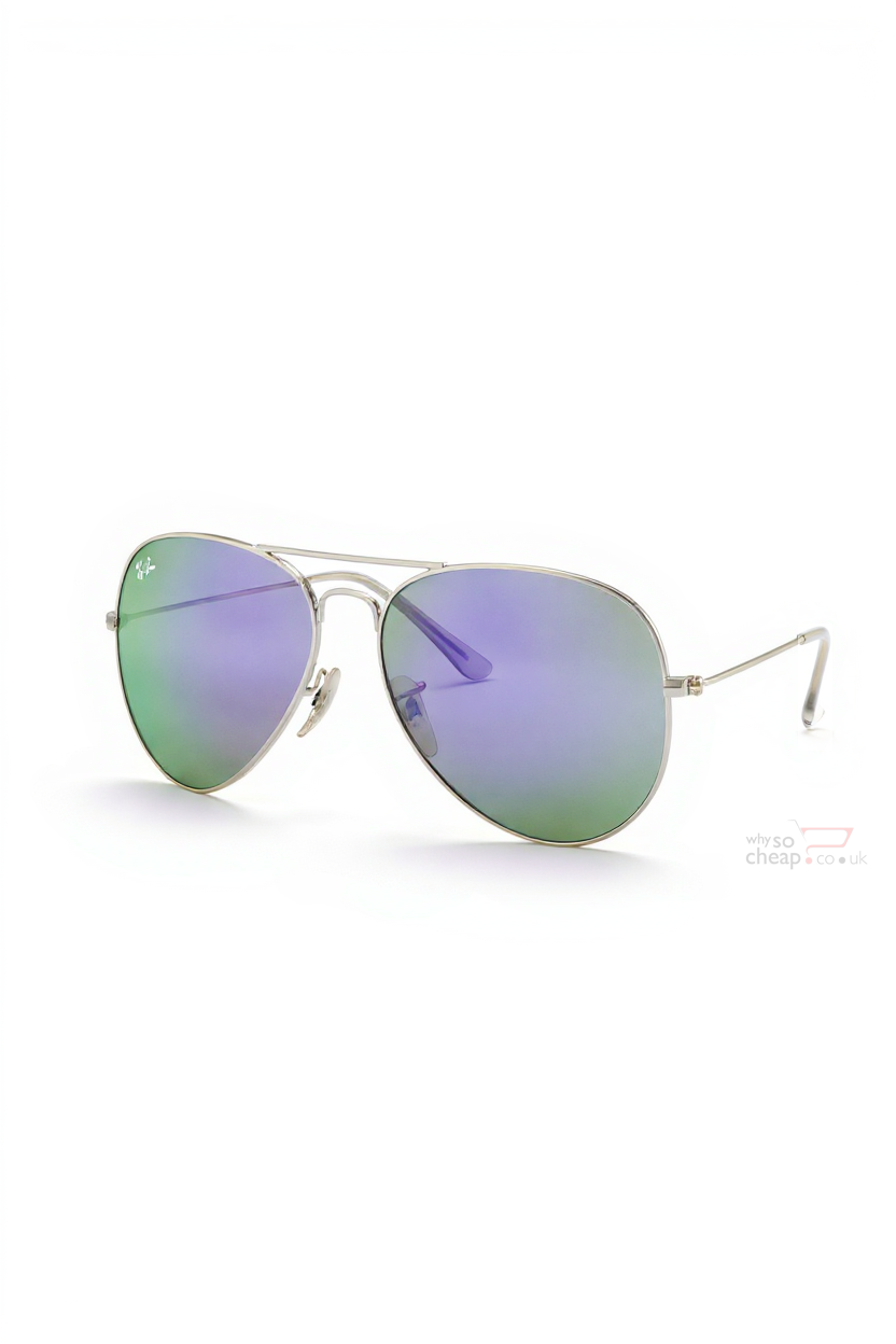 Ray-Ban Aviators RB3025 Flash Lens Mirrored Silver Purple Green, Silver Frame 58mm Lens