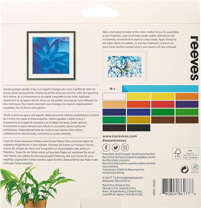 Reeves Watercolour Paint Set - 18 x 12ml Pack, Assorted Colours