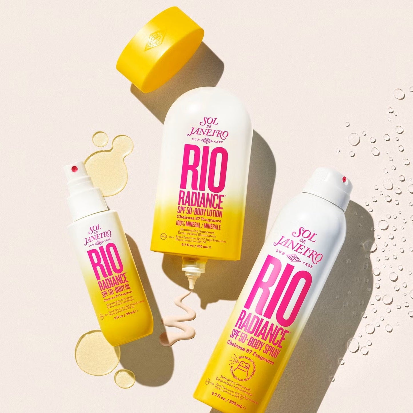 Rio Radiance sun care products including lotion, spray, and body wash on a light background