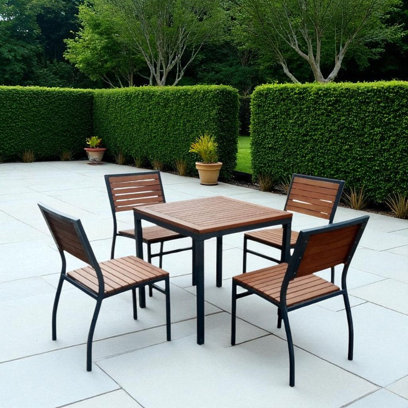 Premium 4 Seater Hardwood Outdoor Garden Patio Dining Set With Metal Frame – Square Table Stackable ChaIrs Brackenstyle Dorset