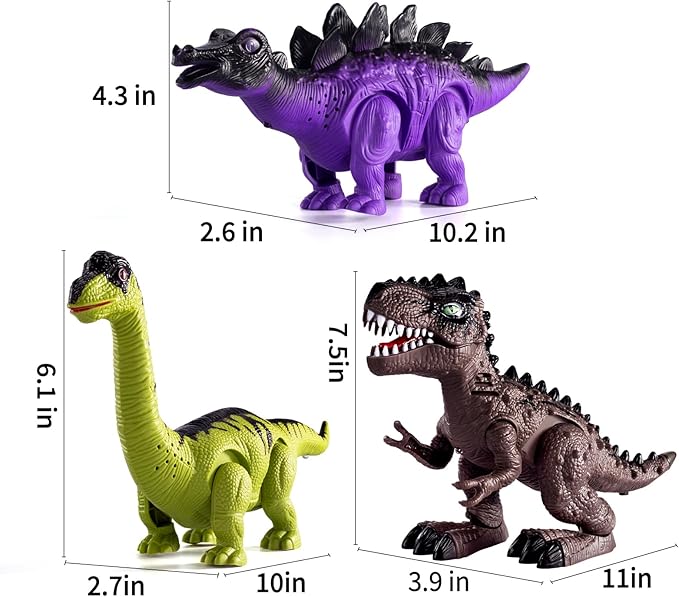 TEMI 3 Pack Electric Walking Dinosaur Toys with Roar Sounds and Lights, Realistic Robot T-rex for Toddler