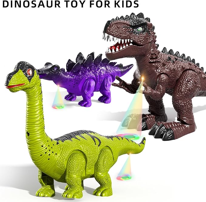 TEMI 3 Pack Electric Walking Dinosaur Toys with Roar Sounds and Lights, Realistic Robot T-rex for Toddler